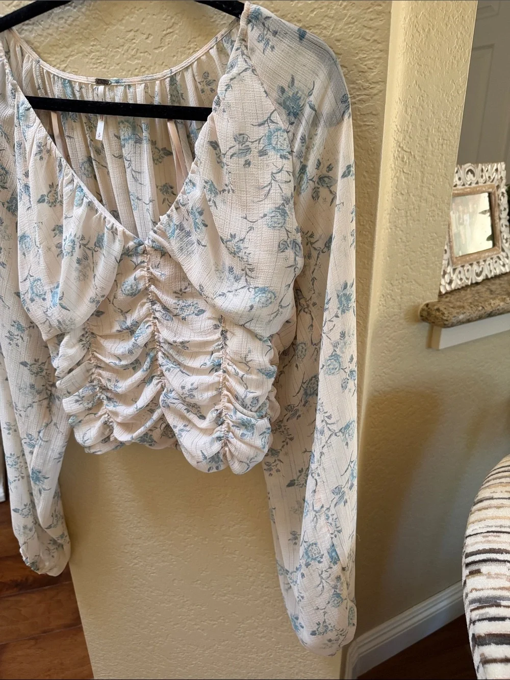 Free People Cream Top with Light Blue Floral Print